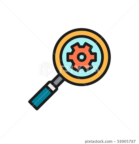 Magnifying glass with gear wheel, factory performance analysis flat color icon. Magnifying glass with gear wheel, factory performance analysis flat color icon. 58905787