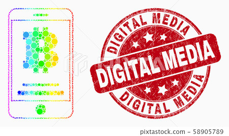 Vector Bright Dotted Bitcoin Mobile Account Icon and Grunge Digital Media Stamp Seal Vector Bright Dotted Bitcoin Mobile Account Icon and Grunge Digital Media Stamp Seal 58905789