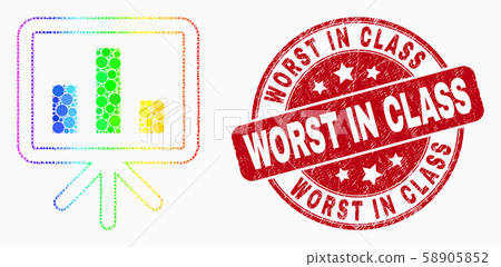 Vector Rainbow Colored Dotted Bar Chart Presentation Icon and Distress Worst in Class Stamp Seal 58905852
