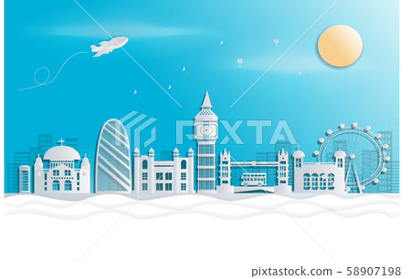 London, England With views of famous landmarks and world-class cities, tourism poster illustrations Paper cutting,Panorama of top world famous landmark of London - vector 58907198