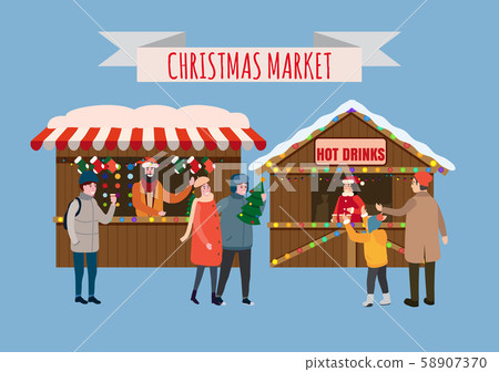 Christmas stalls with with souvenirs and hot drinks shop with garlands decorations. People buy Christmas stalls with with souvenirs and hot drinks shop with garlands decorations. People buy 58907370