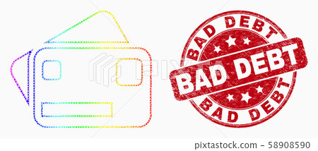 Vector Rainbow Colored Dotted Bank Cards Icon and Scratched Bad Debt Watermark 58908590