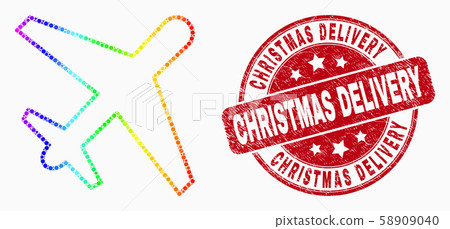 Vector Bright Dotted Airplane Icon and Scratched Christmas Delivery Watermark 58909040