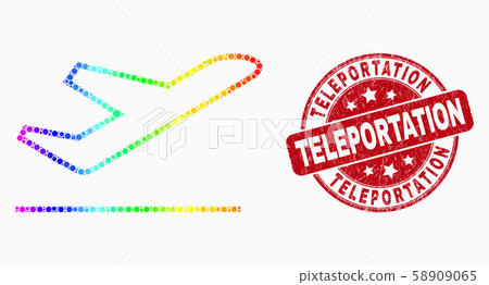 Vector Spectrum Dotted Airplane Takeoff Icon and Scratched Teleportation Watermark 58909065