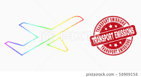 Vector Bright Pixel Airplane Takeoff Icon and Scratched Transport Emissions Seal 58909158