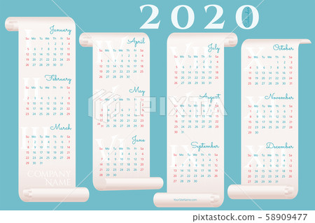 Creative 2020 wall calendar on four parchments. Creative 2020 wall calendar on four parchments. 58909477