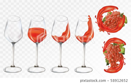 Rose grapes wine in glasses on transparent background. Glasses empty and with wine. Splashes rose Rose grapes wine in glasses on transparent background. Glasses empty and with wine. Splashes rose 58912652