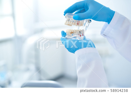 Dentist looking closely at the false teeth 58914238