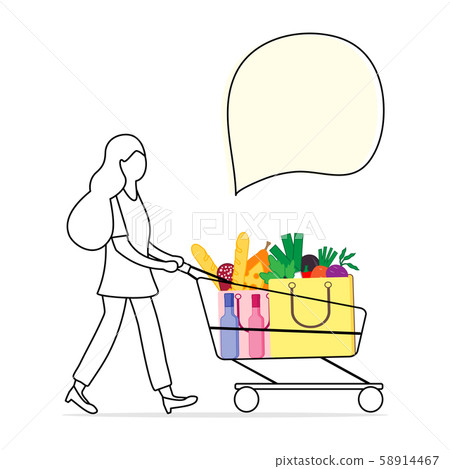 Woman carries shopping cart with food and drinks 58914467