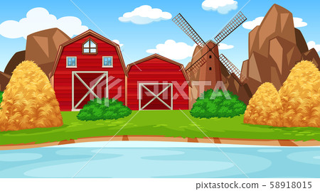 Farm scene in nature with barn - Stock Illustration [58918015] - PIXTA