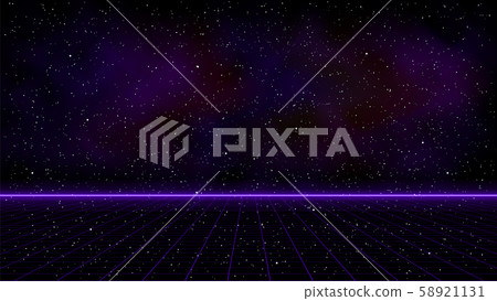 Retrowave purple laser perspective grid with bright horizon line and space nebula on starry 58921131