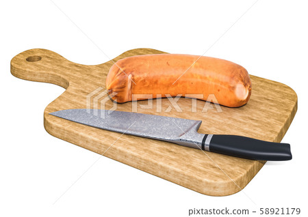 Sausage lies on a wooden board next to a knife Sausage lies on a wooden board next to a knife 58921179
