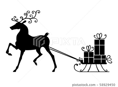 Silhouette of a deer carrying a sled with gifts 58929450