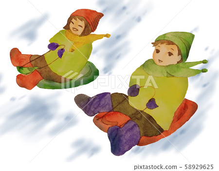 Children playing with snow sleds watercolor 58929625