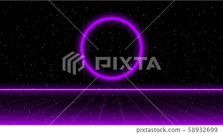 Retrowave sci-fi purple laser perspective grid and glowing circle on starry space background 58932699