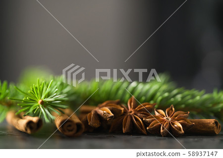 closeup of spruce twig with cinnamon and anise on terrazzo countetop closeup of spruce twig with cinnamon and anise on terrazzo countetop 58937147
