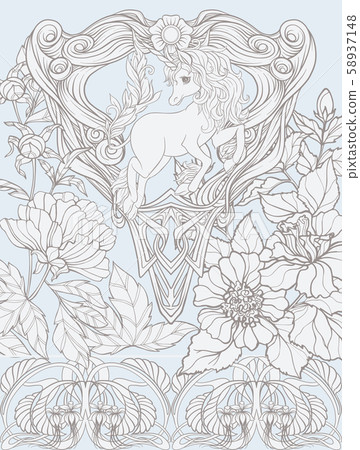 Unicorn and fantastic vintage flowers. Unicorn and fantastic vintage flowers. 58937148