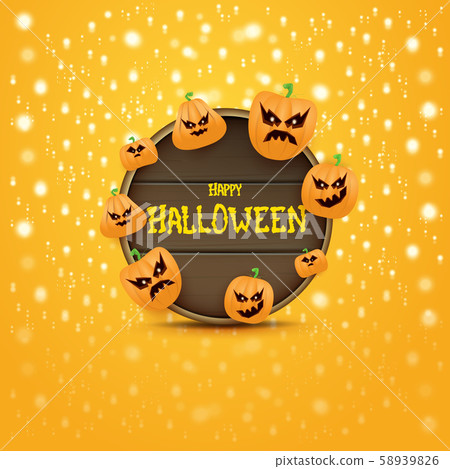 Happy Halloween web wooden board label with Halloween scary pumpkins isolated on orange background 58939826