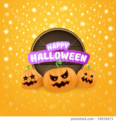 Happy Halloween web wooden board label with Halloween scary pumpkins isolated on orange background 58939873
