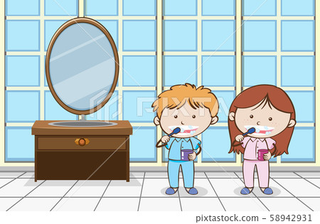 Children Brushing Teeth in Bathroom Children Brushing Teeth in Bathroom 58942931