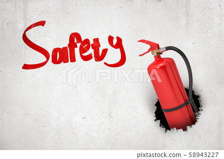3d rendering of red fire extinguisher breaking white wall with red 'Safety' sign on white background 58943227