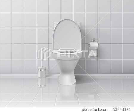 Realistic toilet. 3D room interior mockup with white ceramic wall and floor toilet paper brush and Realistic toilet. 3D room interior mockup with white ceramic wall and floor toilet paper brush and 58943325
