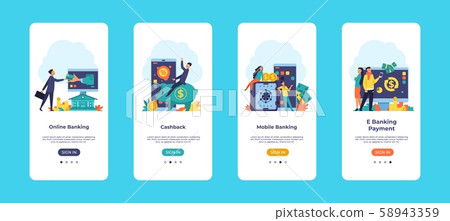 Online banking mobile app. Finance application UI onboard screens with financial concepts and vector Online banking mobile app. Finance application UI onboard screens with financial concepts and vector 58943359