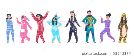 Pajamas characters. Happy cartoon persons in superhero and animal pajamas on evening pillow party Pajamas characters. Happy cartoon persons in superhero and animal pajamas on evening pillow party 58943374