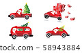 Santa Claus with a red car and a tree in the car Some cars have gifts in the car, set of 4 styles, white backdrop, concept of Happy Christmas and Happy New Year - vector. 58943884