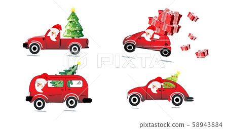 Santa Claus with a red car and a tree in the car Some cars have gifts in the car, set of 4 styles, white backdrop, concept of Happy Christmas and Happy New Year - vector. 58943884