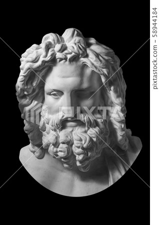Gypsum copy of ancient statue Zeus head isolated on black background. Plaster sculpture man face. 58944184