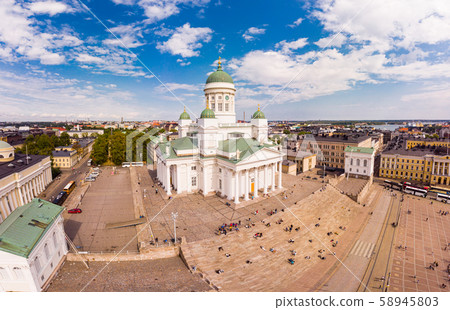 Helsinki Suurkirkko, Finland: beautiful top view from drone on historic city centre, Senate square Helsinki Suurkirkko, Finland: beautiful top view from drone on historic city centre, Senate square 58945803