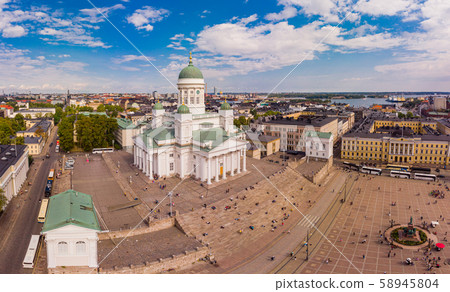 Helsinki Suurkirkko, Finland: beautiful top view from drone on historic city centre, Senate square Helsinki Suurkirkko, Finland: beautiful top view from drone on historic city centre, Senate square 58945804