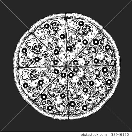 Vector drawing, pizza, table, organic food ingredients. Hand drawn pizza illustration. Great for Vector drawing, pizza, table, organic food ingredients. Hand drawn pizza illustration. Great for 58946150