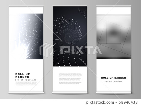 The vector layout of roll up banner stands, vertical flyers, flags design business templates. 3d 58946438