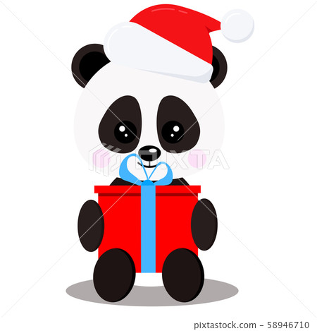 Cute character panda bear in sitting pose with red gift in Santa Claus red christmas hat isolated on 58946710