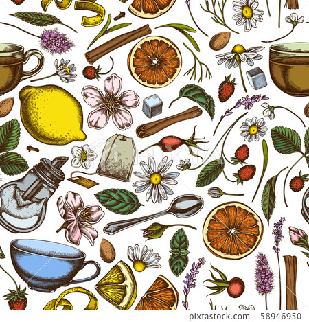 Seamless pattern with hand drawn colored cinnamon, lemons, oranges, tea bag, sugar cubes, heather 58946950