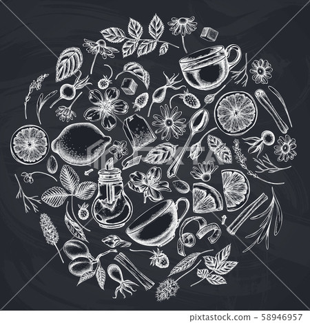 Round design with chalk cinnamon, lemons, oranges, tea bag, sugar cubes, heather, chamomile, dog Round design with chalk cinnamon, lemons, oranges, tea bag, sugar cubes, heather, chamomile, dog 58946957