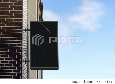 Blank black light box mockup on brick wall, sky background Blank black light box mockup on brick wall, sky background 58948155