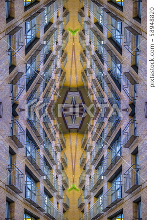 A complex balcony of apartments outside windows A complex balcony of apartments outside windows 58948820