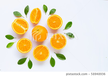 Fresh orange citrus fruit with leaves isolated on 58948936