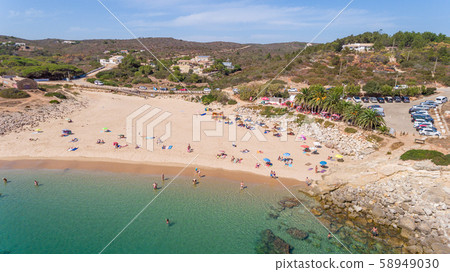 Aerial. View from the sky of the beach of Ingrina Villa to Bishpo. Portugal Algarve 58949030