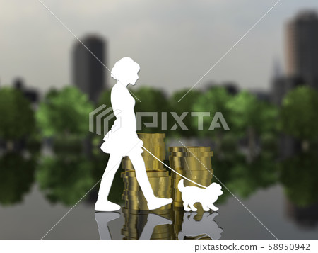 CG 3D illustration design silhouette pet dog walk town owner CG 3D illustration design silhouette pet dog walk town owner 58950942