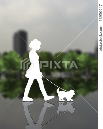 CG 3D illustration design silhouette pet dog walk town owner CG 3D illustration design silhouette pet dog walk town owner 58950947