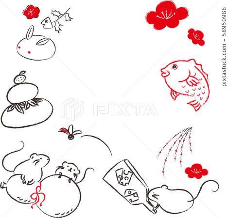 老鼠十二生肖兒童年手繪新年賀卡材料Hagoita Yuhana，Kodama Ume no Hana Kagami-an Yuki Usagi-an 58950988