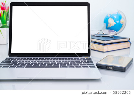 Laptop mockup and with blank screen on deck Laptop mockup and with blank screen on deck 58952265
