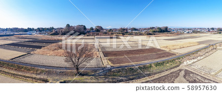Aerial view of Minuma rice field, Mt. Fuji seen from Minuma rice field, winter 58957630