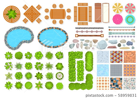 Top view park items. Public furniture outdoor relaxing chair, bench and umbrella. Gardens trees and 58959831