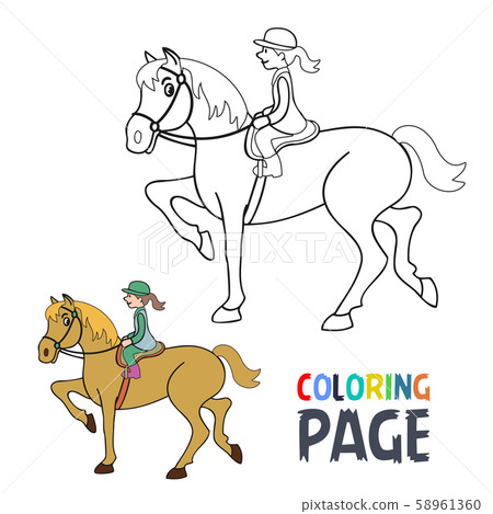 coloring page with woman ridding horse cartoon  stock