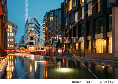 Oslo, Norway. Night View Embankment And Residential Multi-storey Houses In Tjuvholmen District 58961458